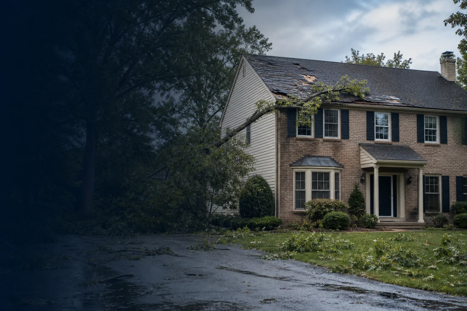 Storm-damaged Pennsylvania home with missing roof shingles and a fallen tree limb