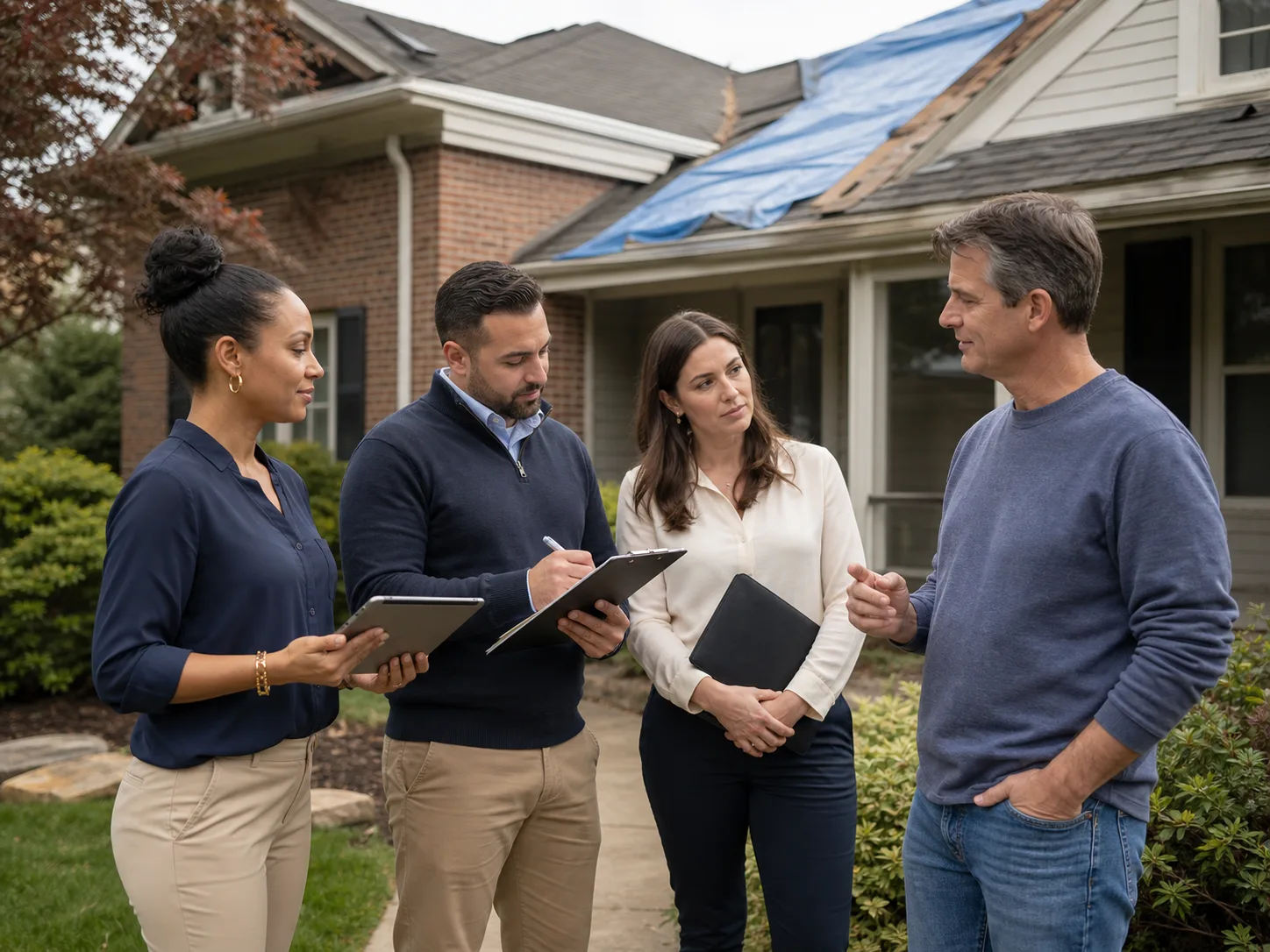 Illustrative scene of claim professionals speaking with a homeowner outside a storm-damaged property