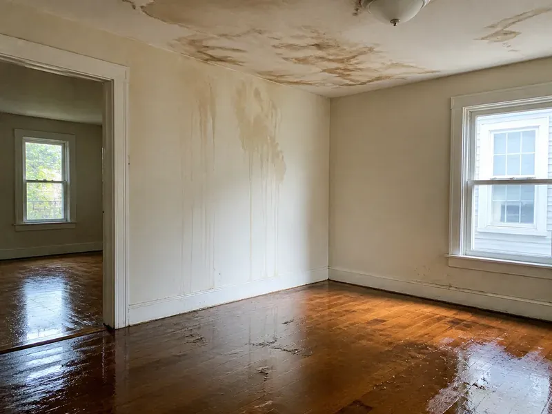 Water-stained walls, ceiling, and wet flooring inside a home